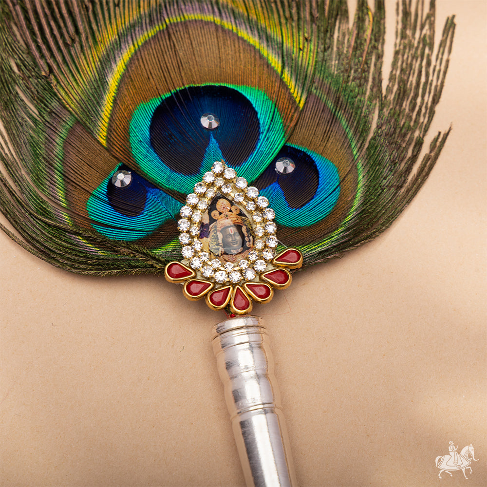 Traditional Mor Pankh Pooja Fan with Stone Embellishment