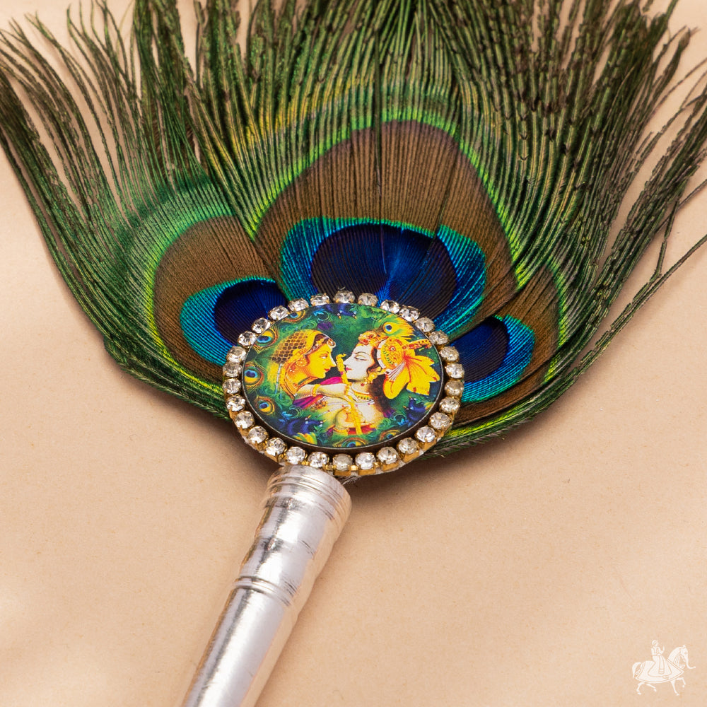 Radha Krishna Mor Pankh Pooja Fan with Silver Handle