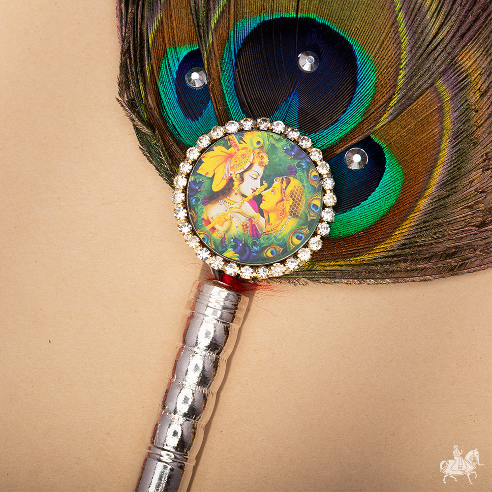 Peacock Feather Pooja Chamar with Radha Krishna Image