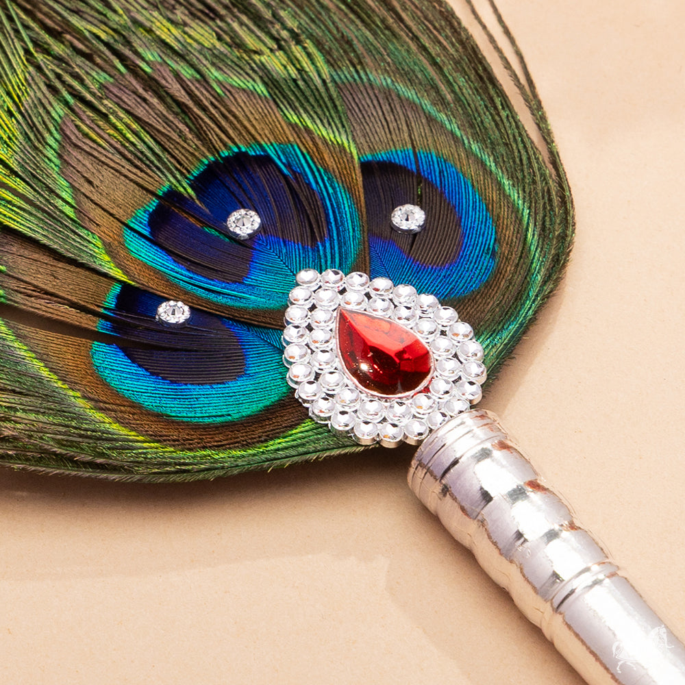 Peacock Feather Pooja Chamar with Red Kundan Centerpiece