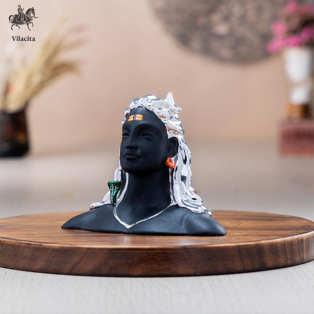 Adiyogi Idol | Silver & Black Bust Shiva Face Idol | 4.5 Inch