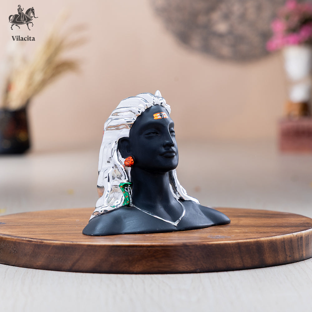 Adiyogi Idol | Silver & Black Bust Shiva Face Idol | 4.5 Inch