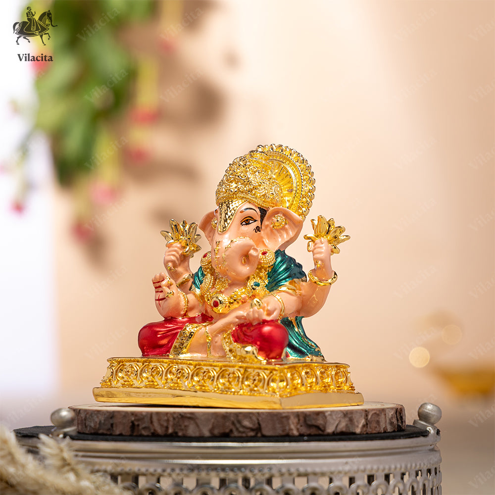 Dagdusheth Ganpati Murti | Multicolour with Golden Finish | 4 Inch