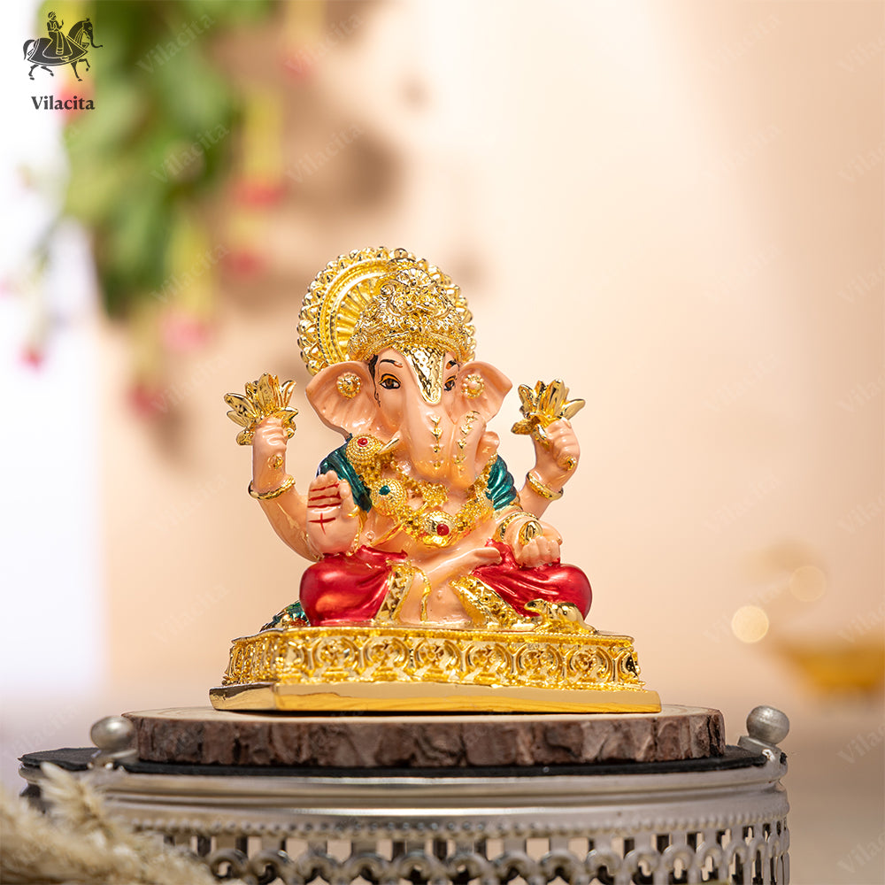 Dagdusheth Ganpati Murti | Multicolour with Golden Finish | 4 Inch