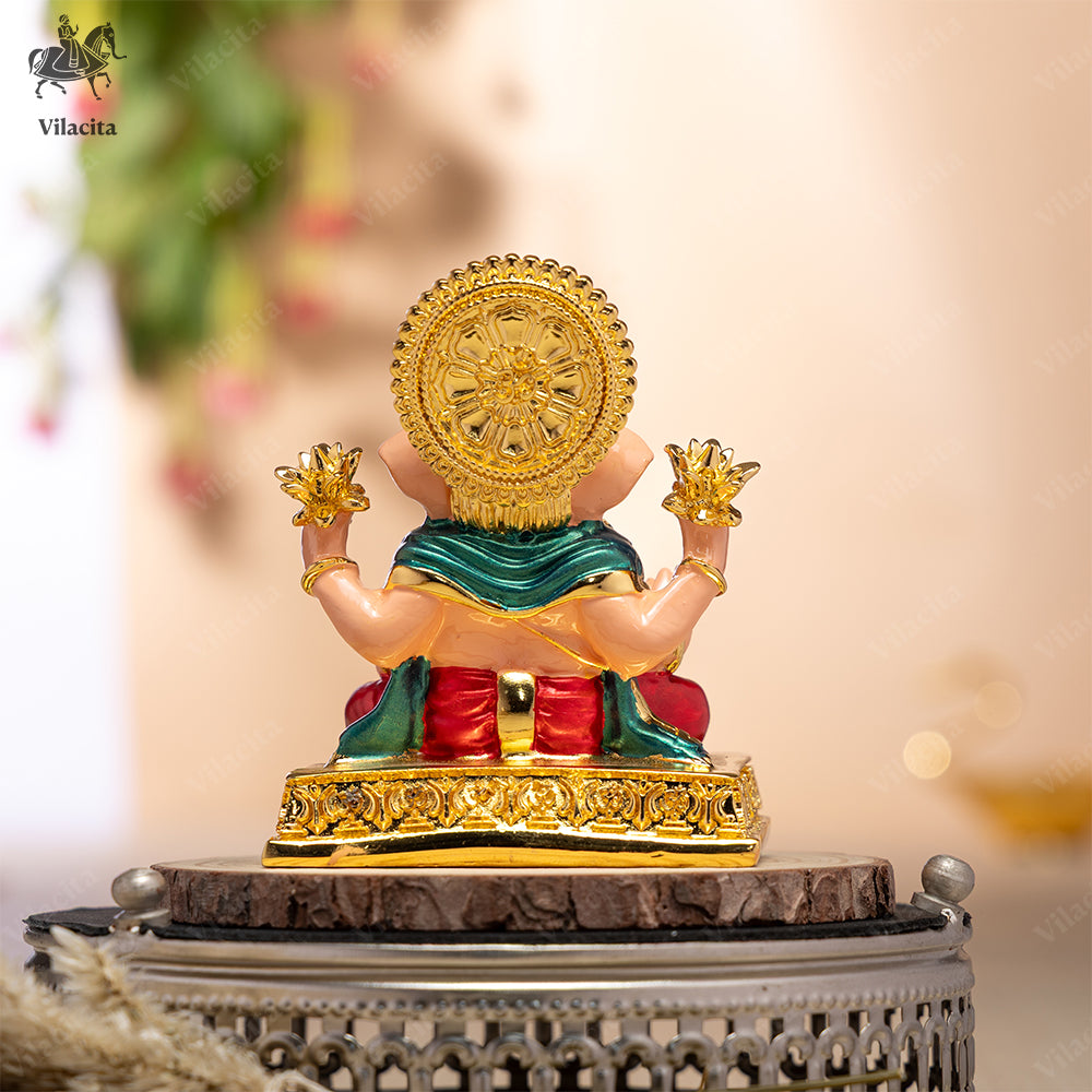 Dagdusheth Ganpati Murti | Multicolour with Golden Finish | 4 Inch