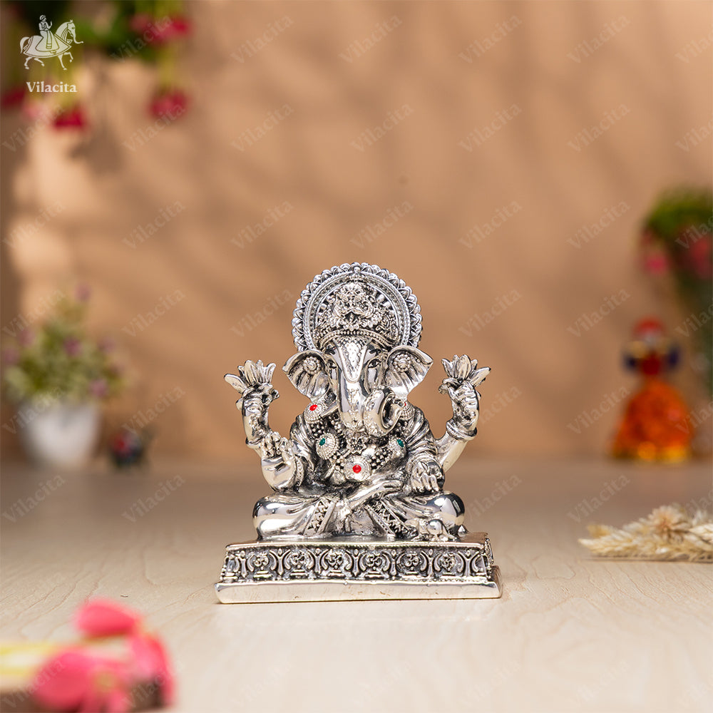 Dagdusheth Ganpati Murti | Silver Plated | 4 Inch