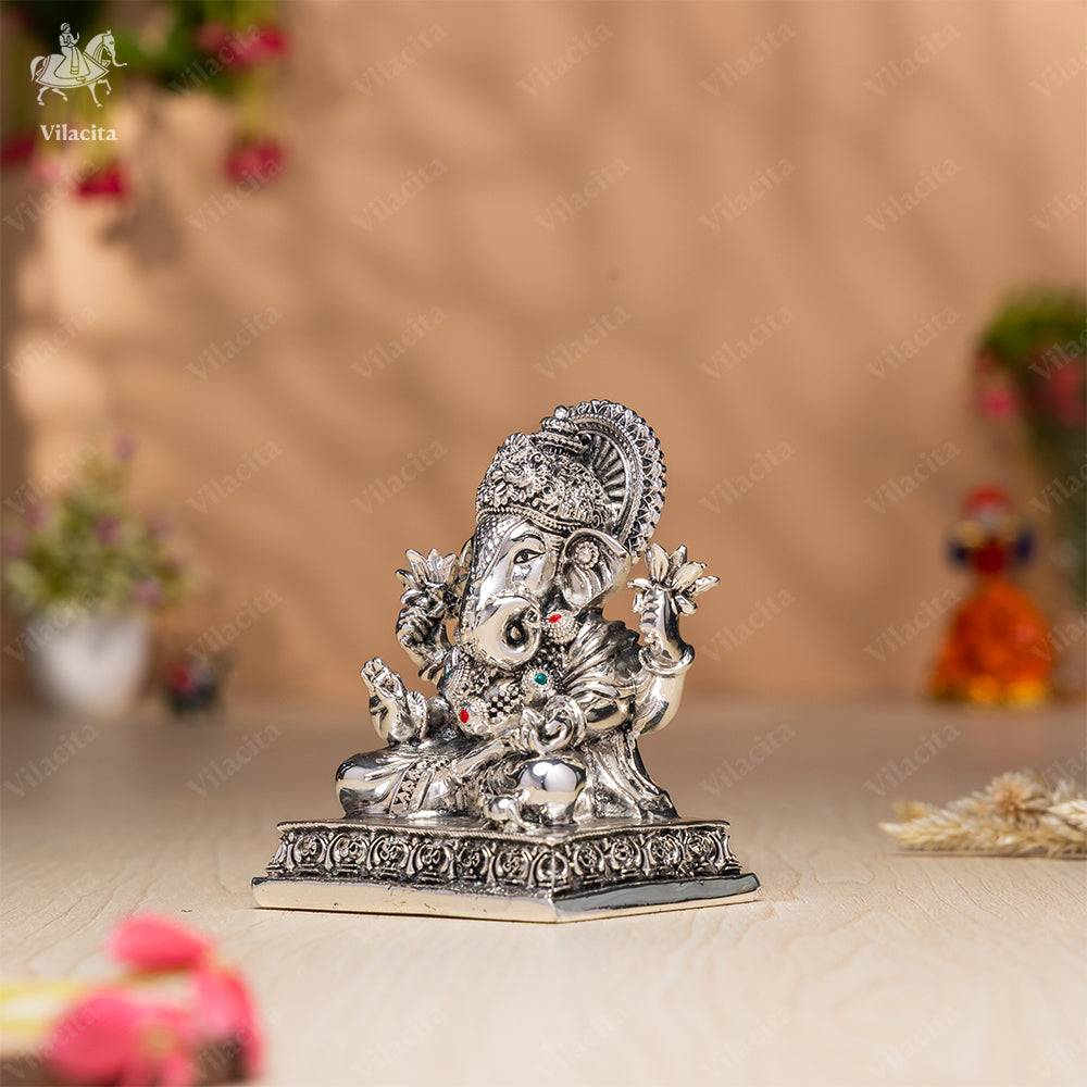 Dagdusheth Ganpati Murti | Silver Plated | 4 Inch
