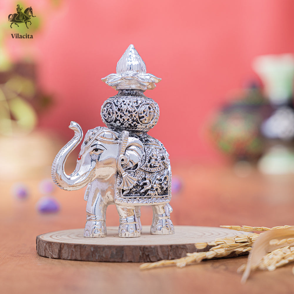 Elephant With Kalash | Silver Plated | 4.8 Inch