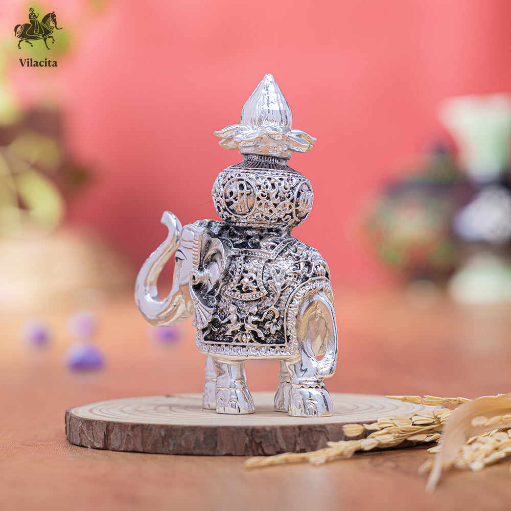 Elephant With Kalash | Silver Plated | 4.8 Inch