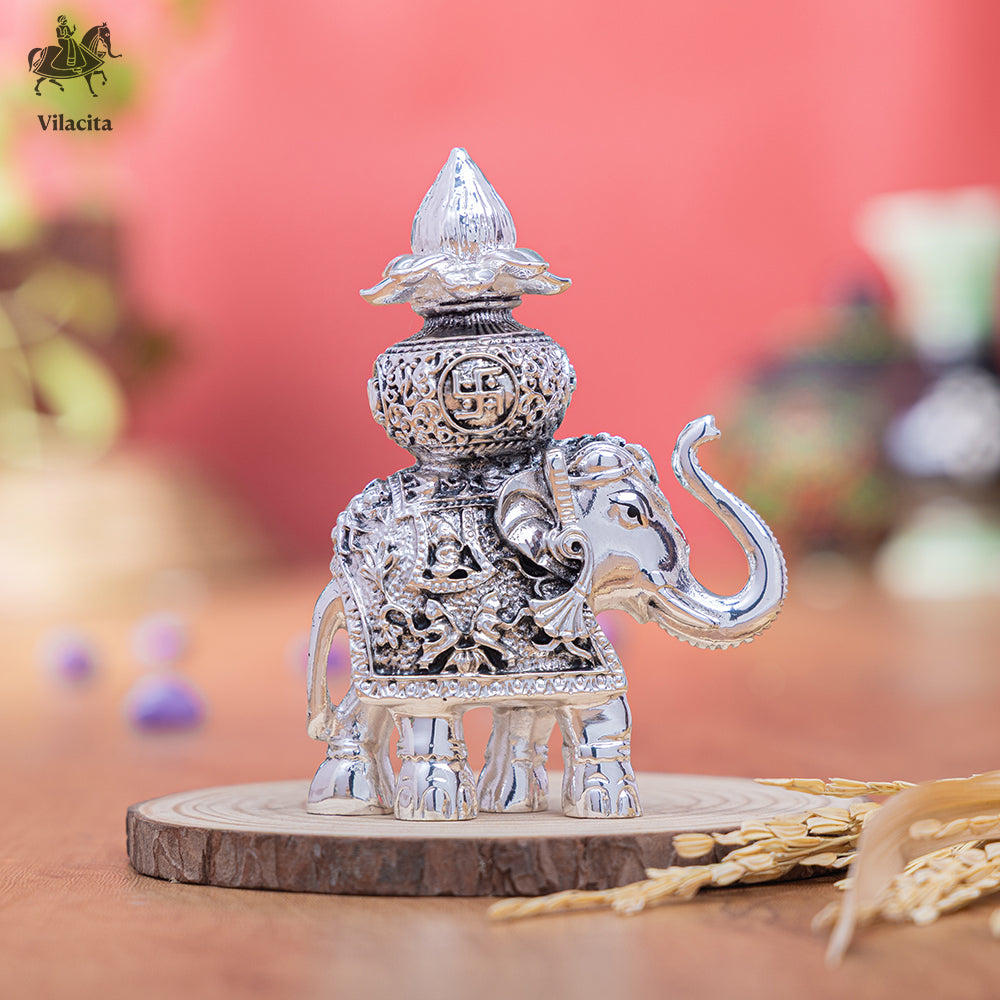 Elephant With Kalash | Silver Plated | 4.8 Inch