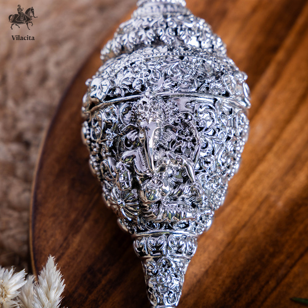 Ganesh Shankh | Silver Plated  5 Inch Conch Shell