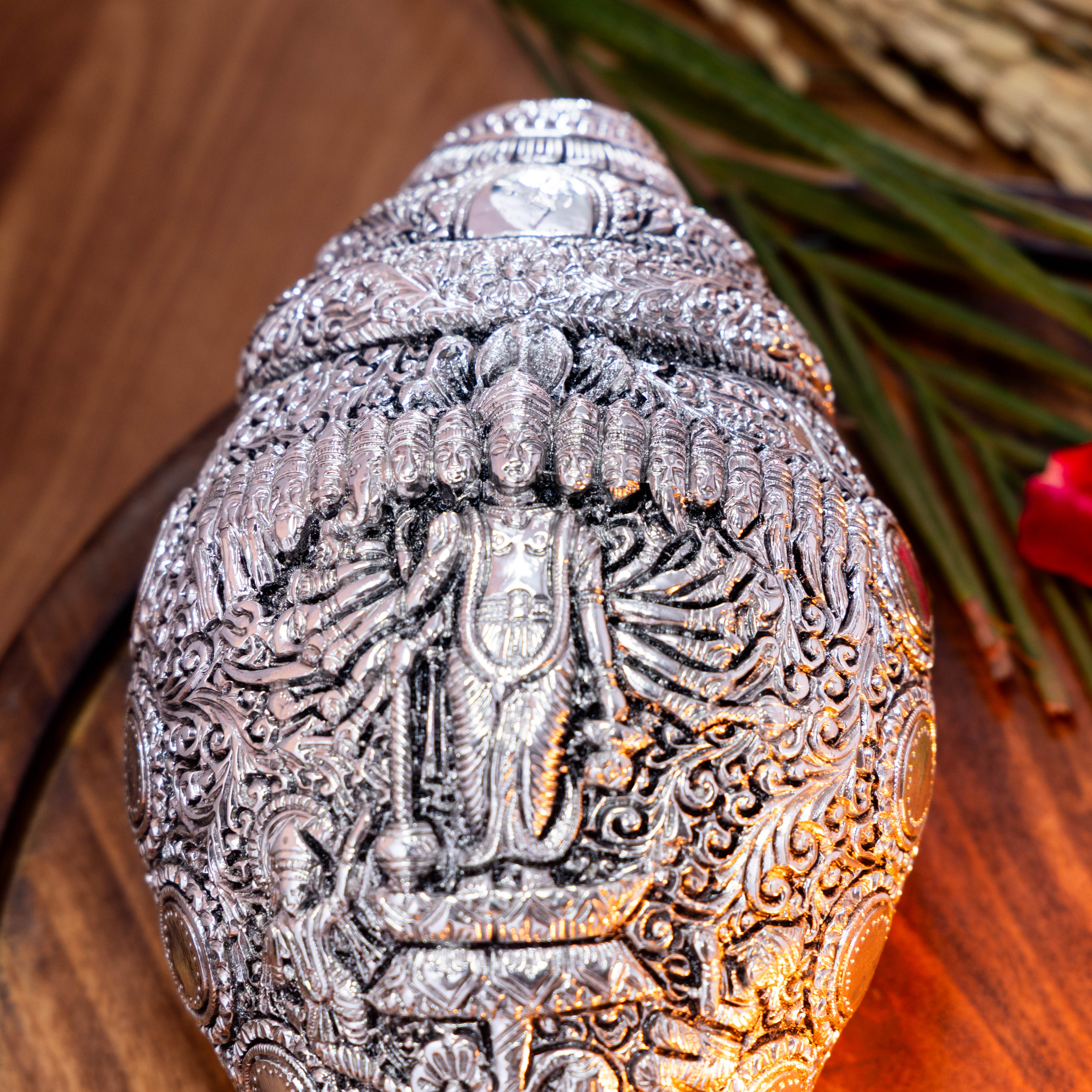 Vishnu Shankh with Dashavatara Engraved | Silver Plated (9 Inch)