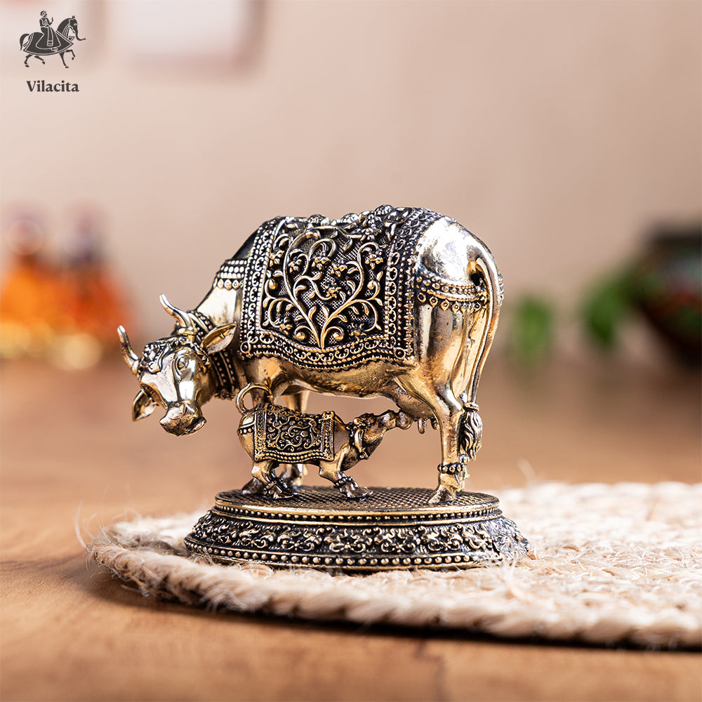 Brass Kamdhenu Cow with Calf Idol (4 Inch)