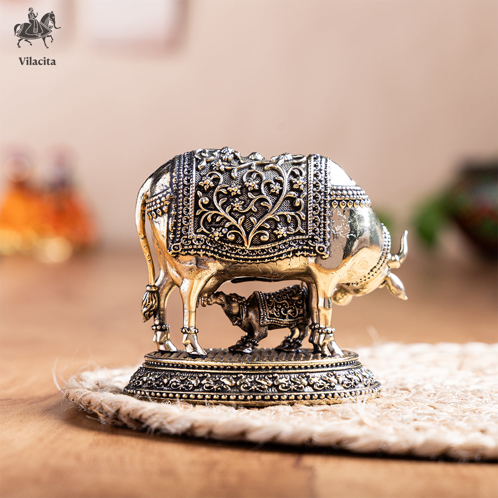 Brass Kamdhenu Cow with Calf Idol (4 Inch)