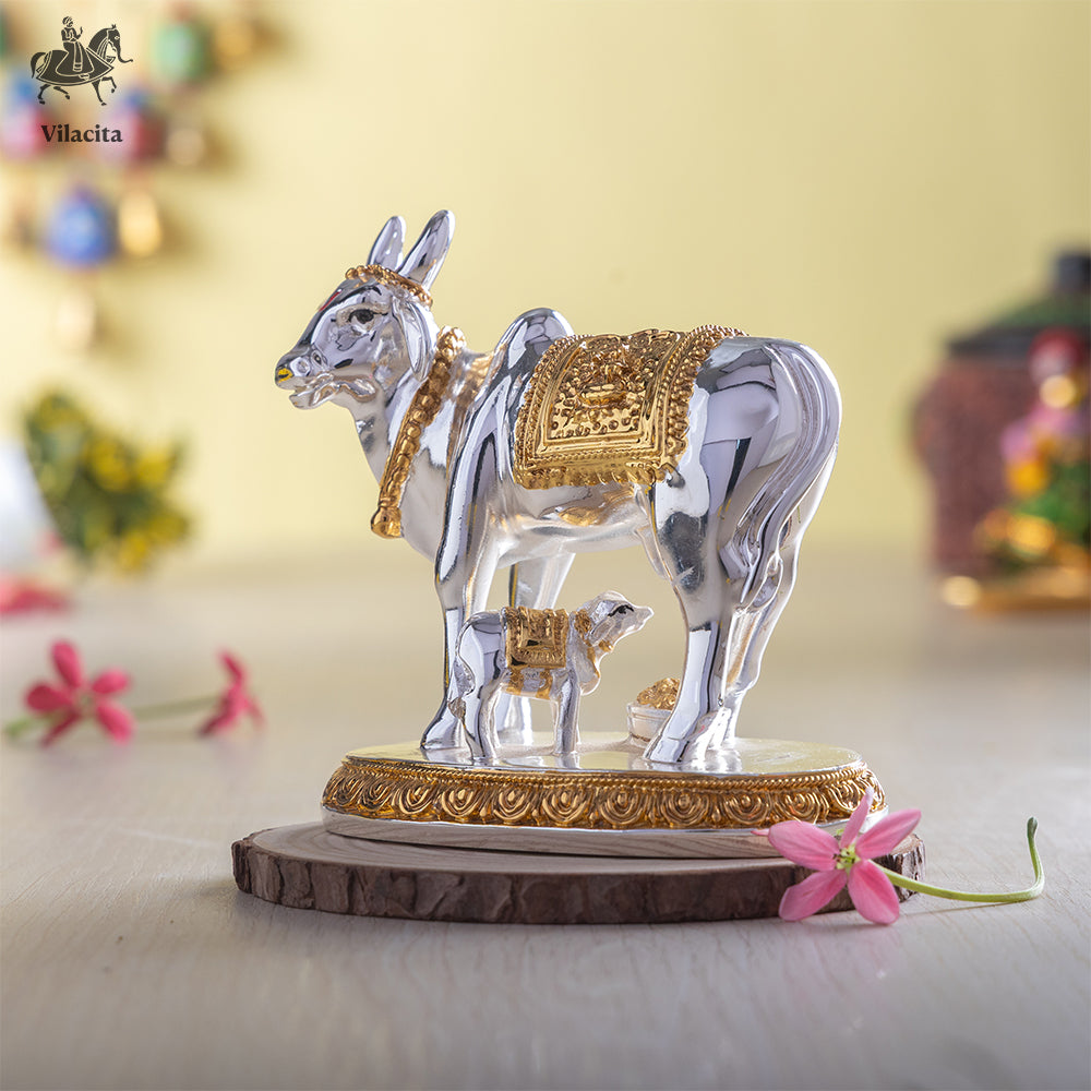 Kamdhenu Cow with Calf Idol | Gold & Silver Plated Kamdhenu Statue | 5 Inch