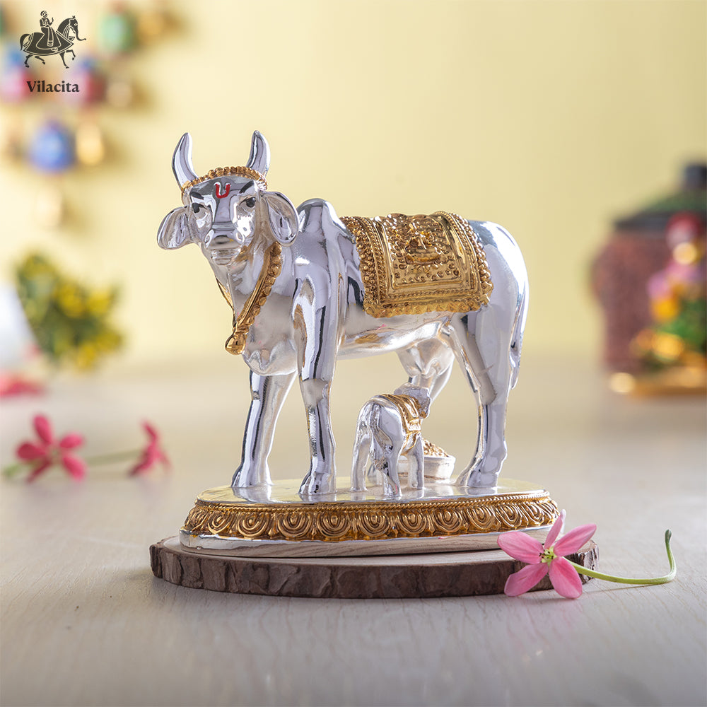 Kamdhenu Cow with Calf Idol | Gold & Silver Plated Kamdhenu Statue | 5 Inch