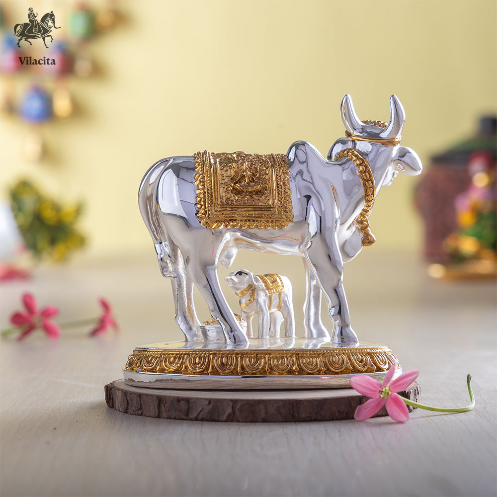 Kamdhenu Cow with Calf Idol | Gold & Silver Plated Kamdhenu Statue | 5 Inch