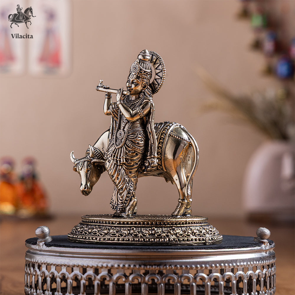 Standing Brass Krishna Statue With Cow (5 Inch)