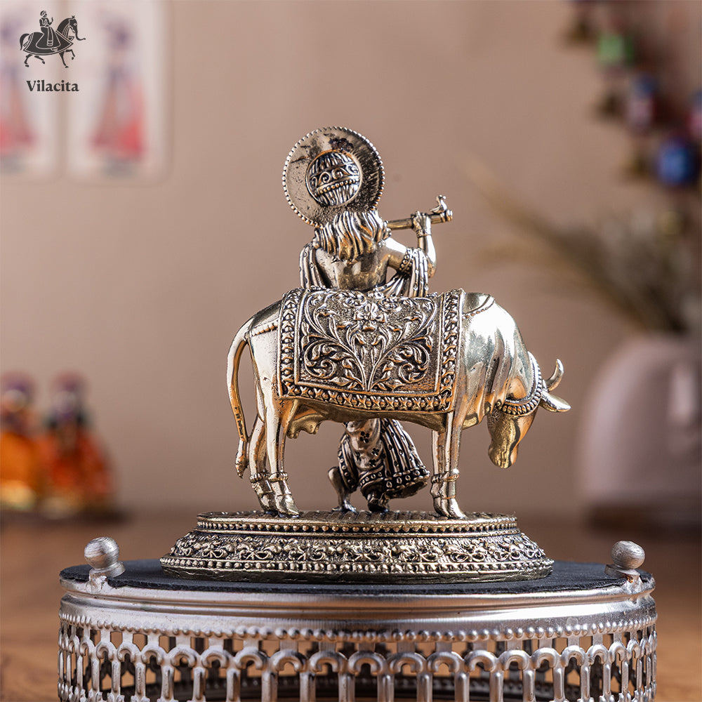 Standing Brass Krishna Statue With Cow (5 Inch)