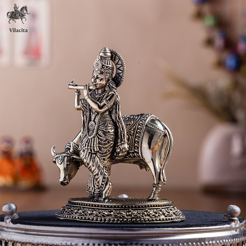 Brass Standing Krishna Statue With Cow (4.5 Inch)