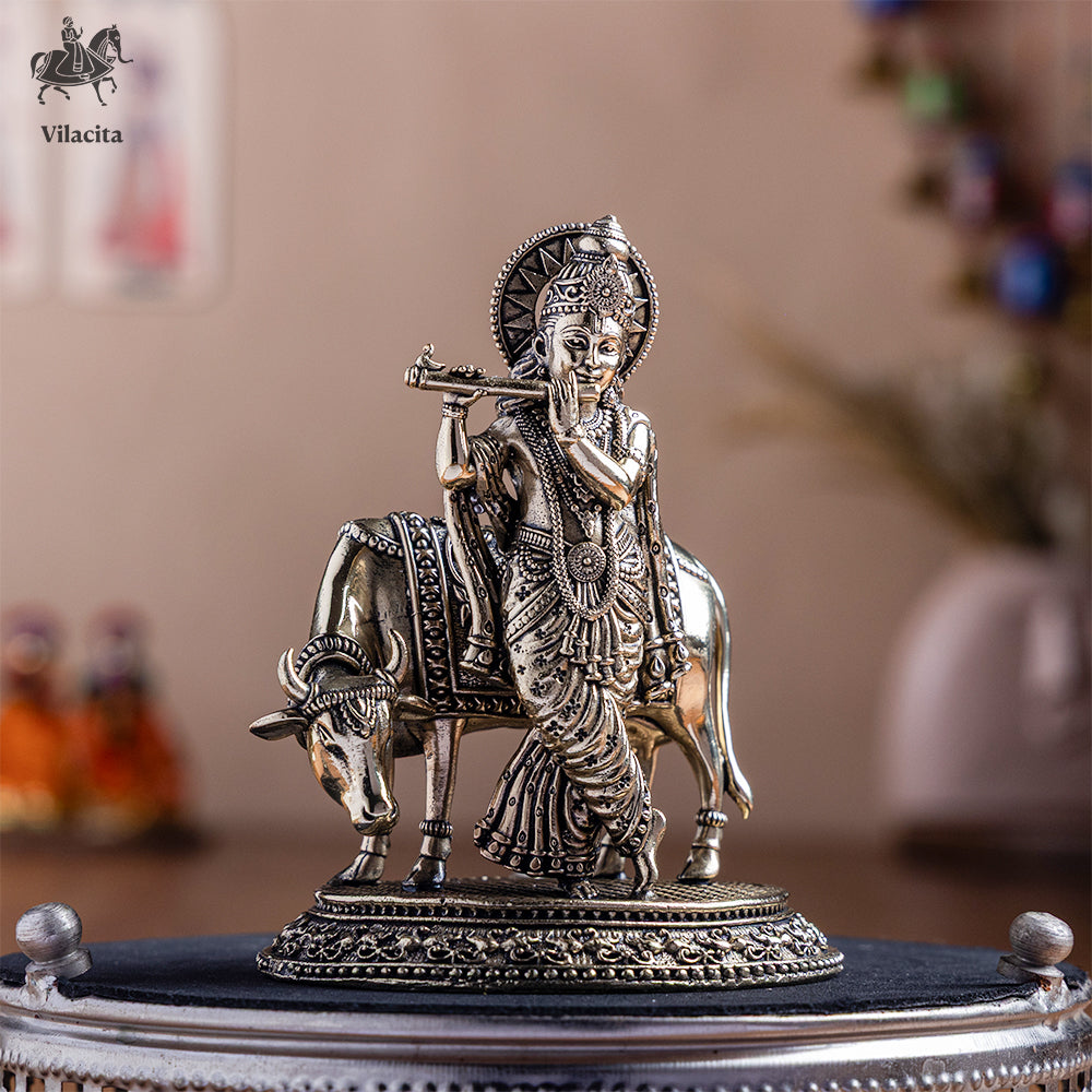 Brass Standing Krishna Statue With Cow (4.5 Inch)