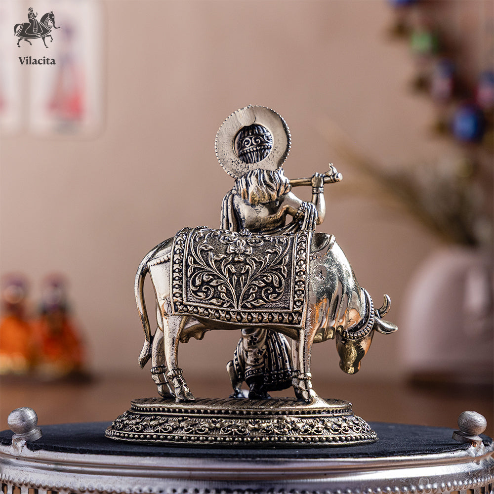 Brass Standing Krishna Statue With Cow (4.5 Inch)