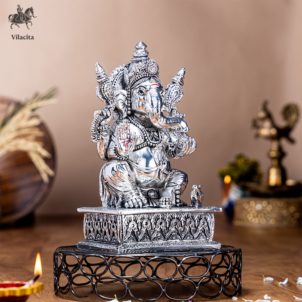 Lord Ganesh Idol On Table | Silver Plated (10 Inch)
