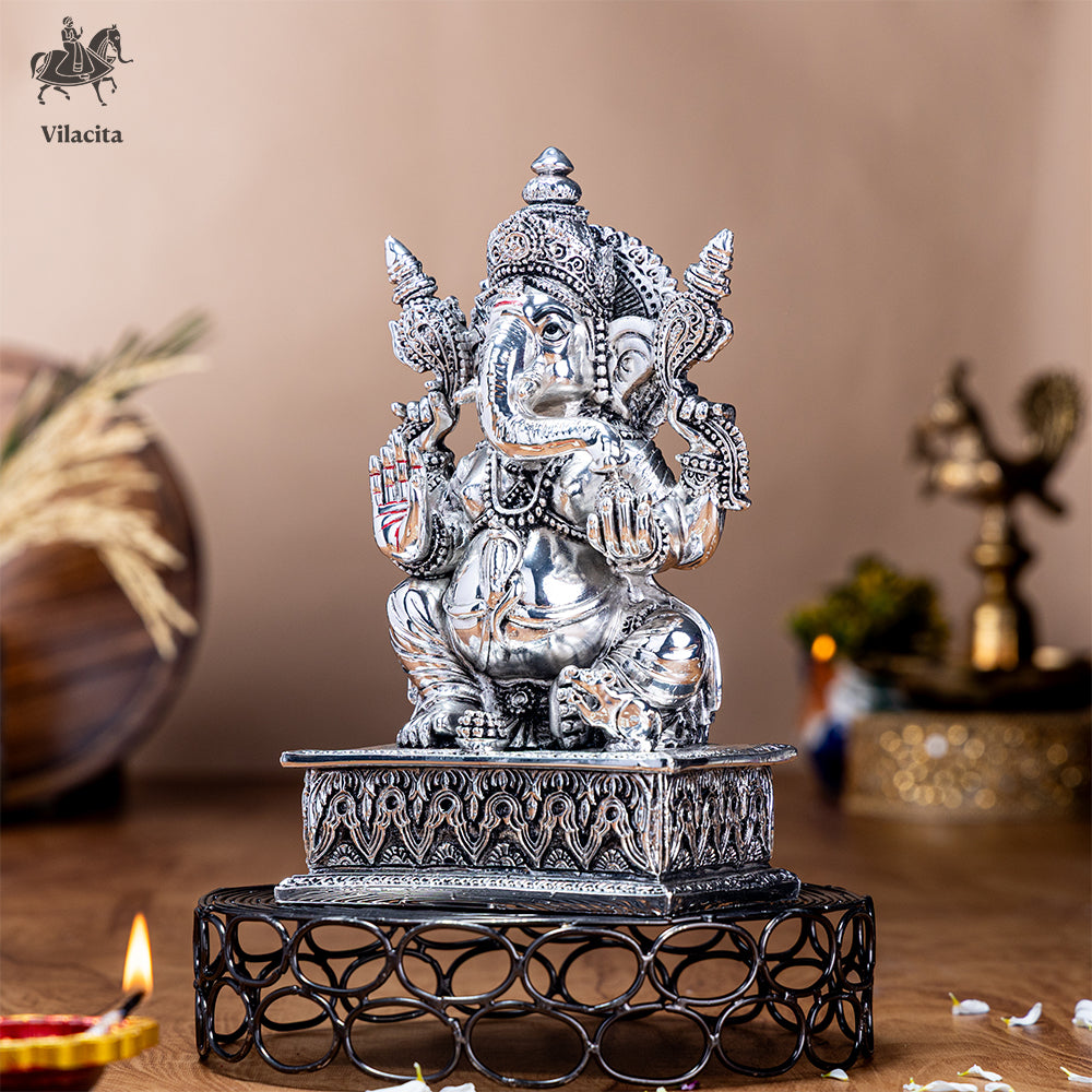 Lord Ganesh Idol On Table | Silver Plated (10 Inch)