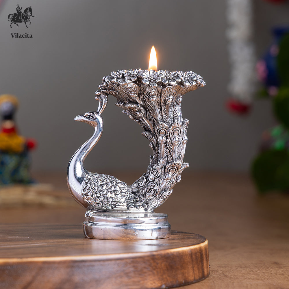Peacock SIngle Candle Holder | Silver Plated | 4 Inch