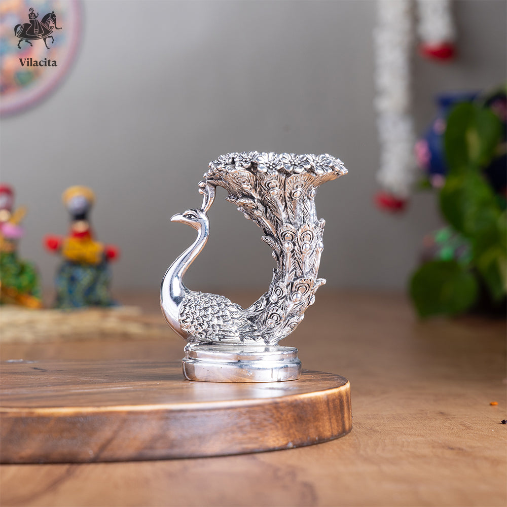 Peacock SIngle Candle Holder | Silver Plated | 4 Inch