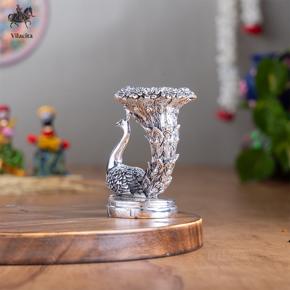 Peacock SIngle Candle Holder | Silver Plated | 4 Inch