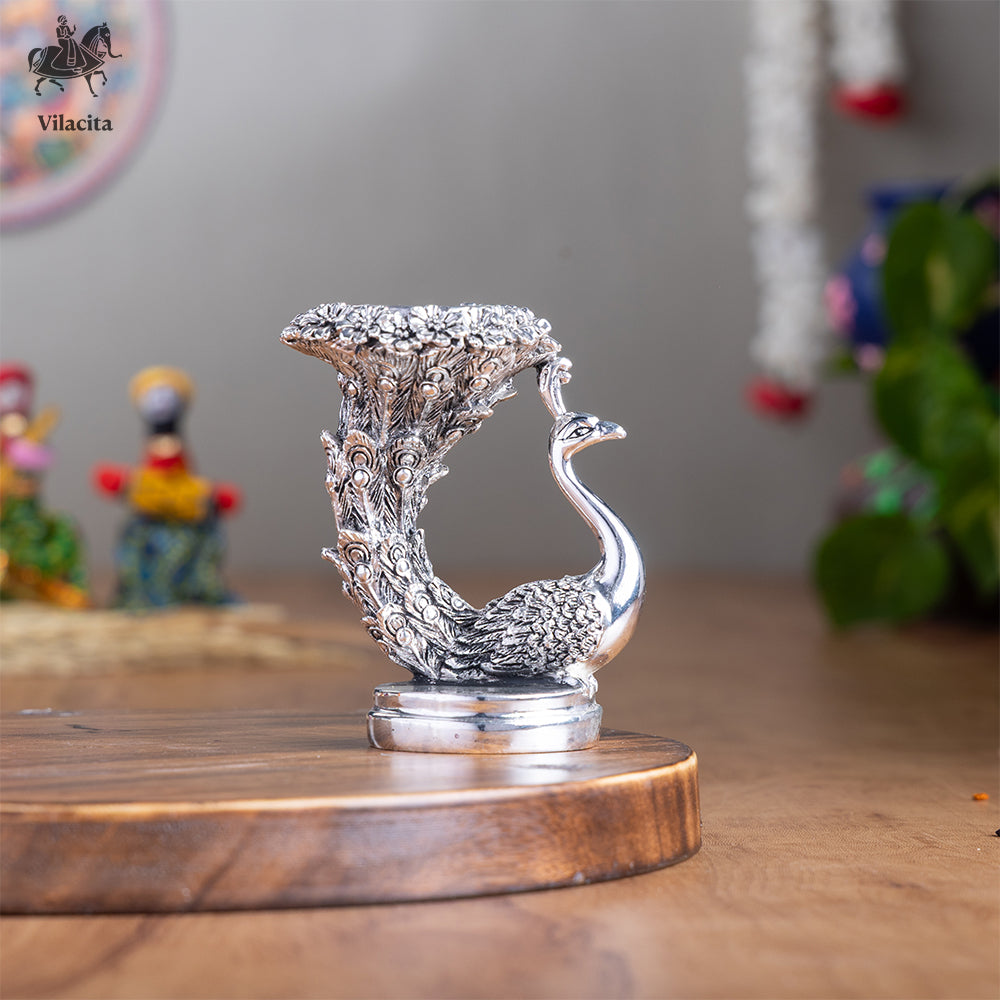 Peacock SIngle Candle Holder | Silver Plated | 4 Inch