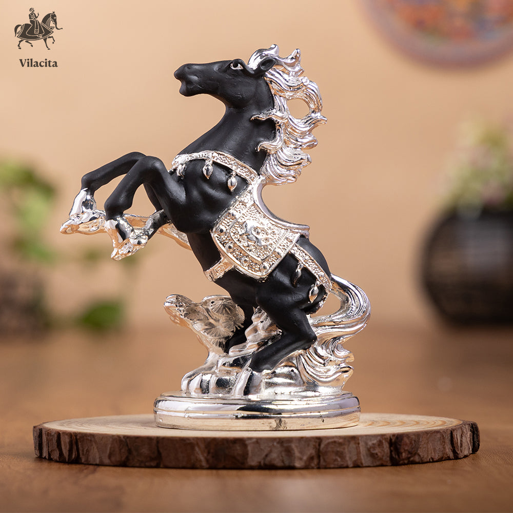 Feng Shui Horse Idol In Knight Pose | Black and Silver Plated (5 Inch)