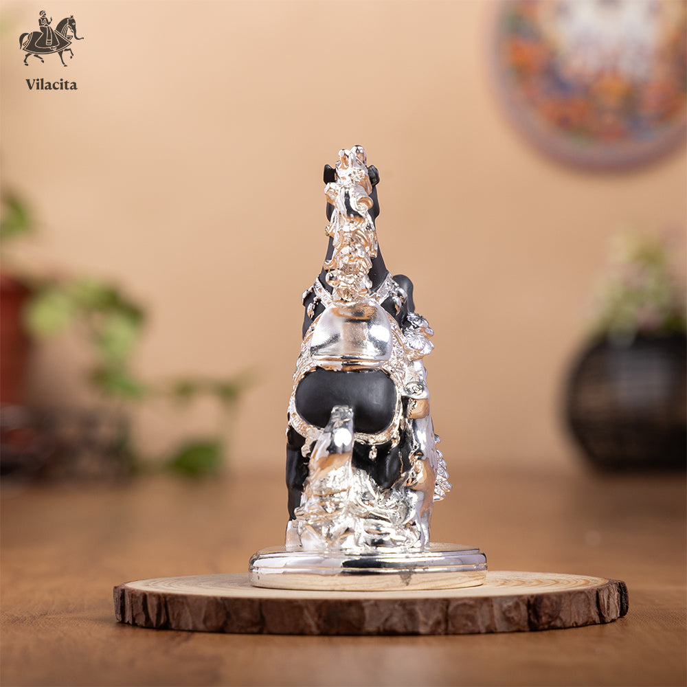 Feng Shui Horse Idol In Knight Pose | Black and Silver Plated (5 Inch)
