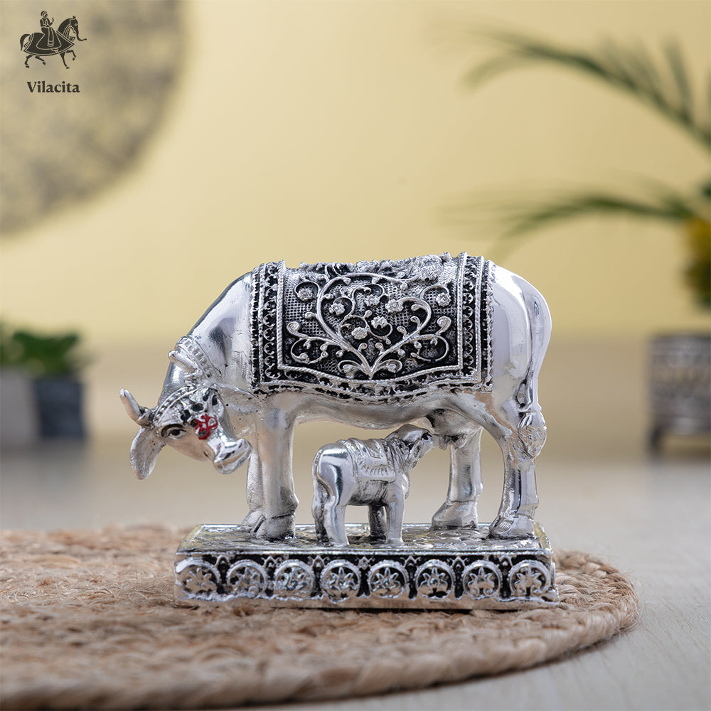 Kamdhenu Cow Idol With Calf | Silver Plated (4 Inch)