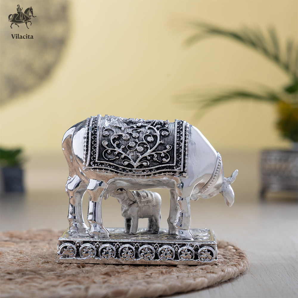 Kamdhenu Cow Idol With Calf | Silver Plated (4 Inch)